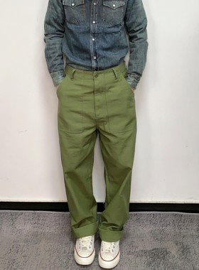 美式复古高腰直筒工装长裤男宽松绿色军裤经典OG107缎纹休闲裤潮