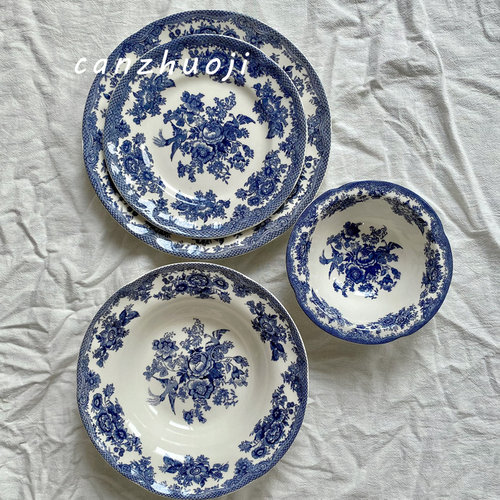 釉下彩美瓷荷口花边蓝色花鸟盘中西餐盘套米饭碗深汤盘早餐盘骨碟