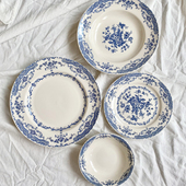 黄胎釉下彩出口单蓝色花卉陶瓷下午茶甜品盘复古玫瑰花深盘谷物碗