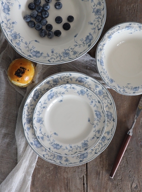 出口英国釉下彩西餐盘蓝色系创意果实甜点盘深汤盘谷物碗耐高温盘