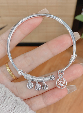 水贝纯银999银手镯正品女平安喜乐足银实心开口国风送礼生日礼物