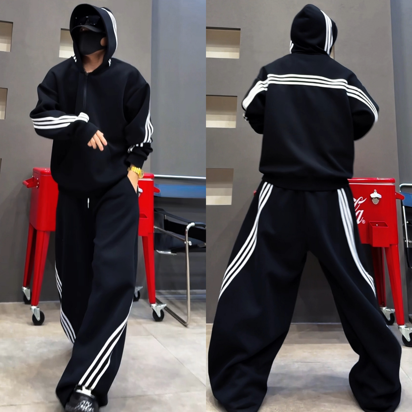 秋季新款三条杠半拉链设计宽松连帽卫衣休闲运动风卫裤休闲套装男