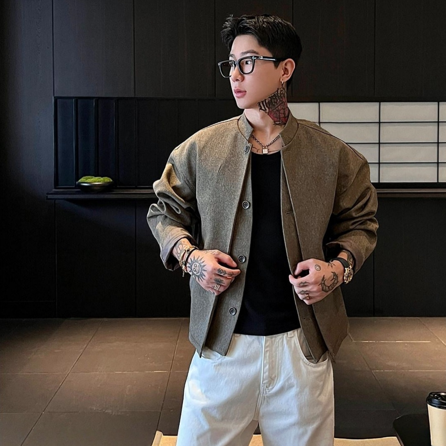 春季时尚潮流休闲时尚都市风立领夹克男士高级感假两件拼接外套潮