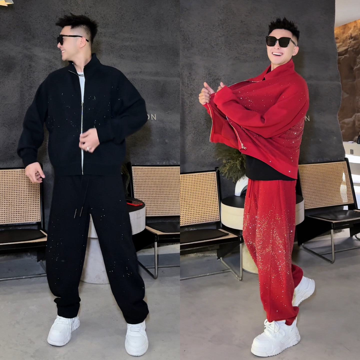 冬季时尚开衫外套直筒休闲卫裤两件套满烫钻星空运动男士帅气套装