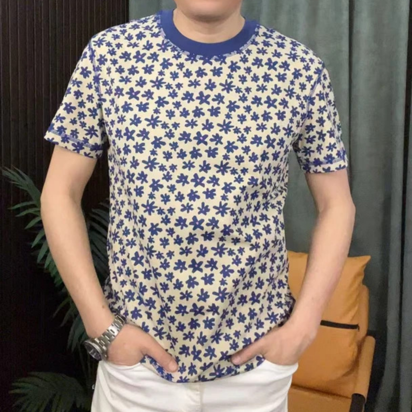 夏季潮流轻奢个性男士印花圆领短袖T恤时尚百搭高级感小众设计感