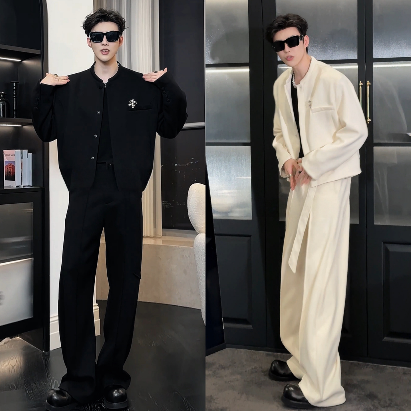 秋季男士立领夹克西裤两件套潮流时尚高级感简约纯色套装轻奢设计