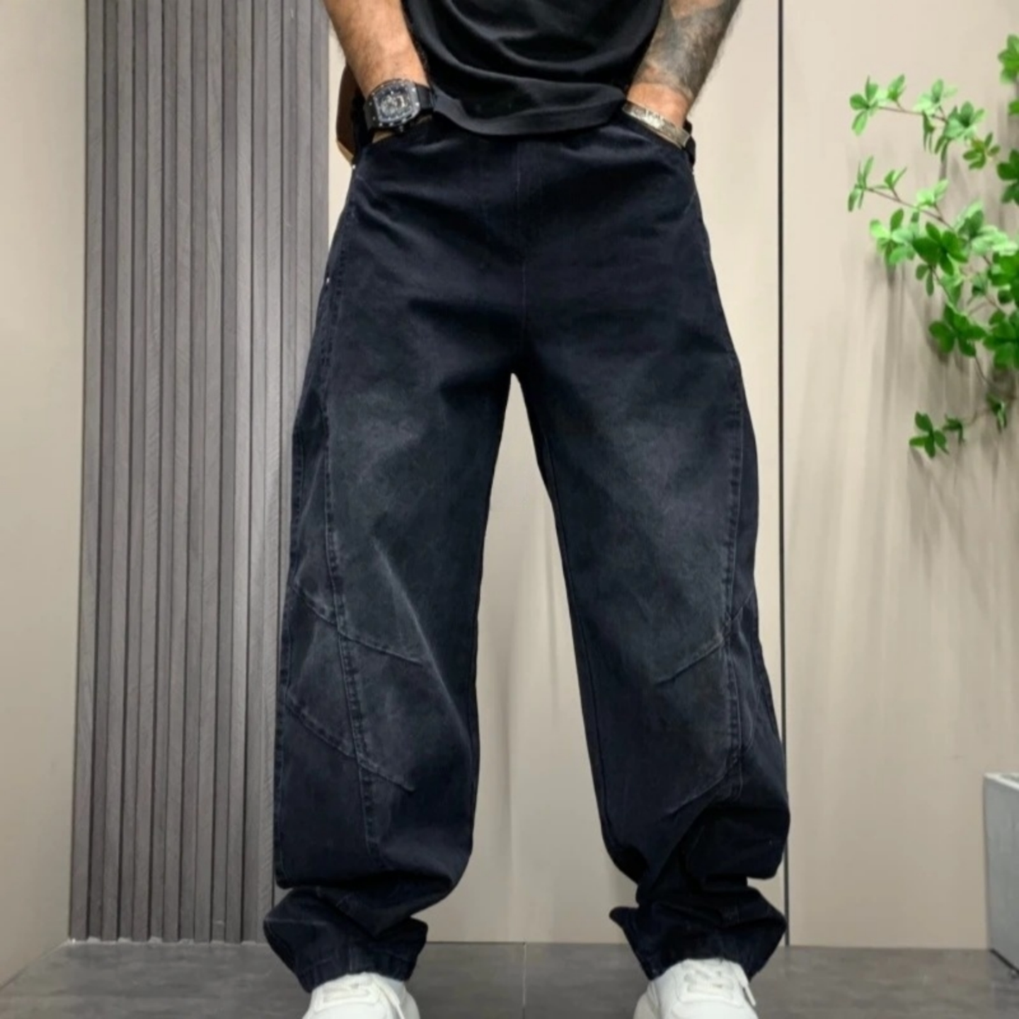 冬季美式帅气黑色牛仔裤男士高级感水洗直筒裤立体剪裁工装休闲裤