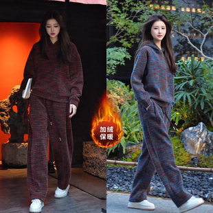 冬季时尚加绒彩色撞色连帽卫衣休闲裤套装男休闲运动两件套男女款