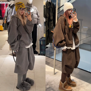 冬季毛呢韩版运动风套装休闲含羊毛连帽卫衣七分裤两件套男女同款