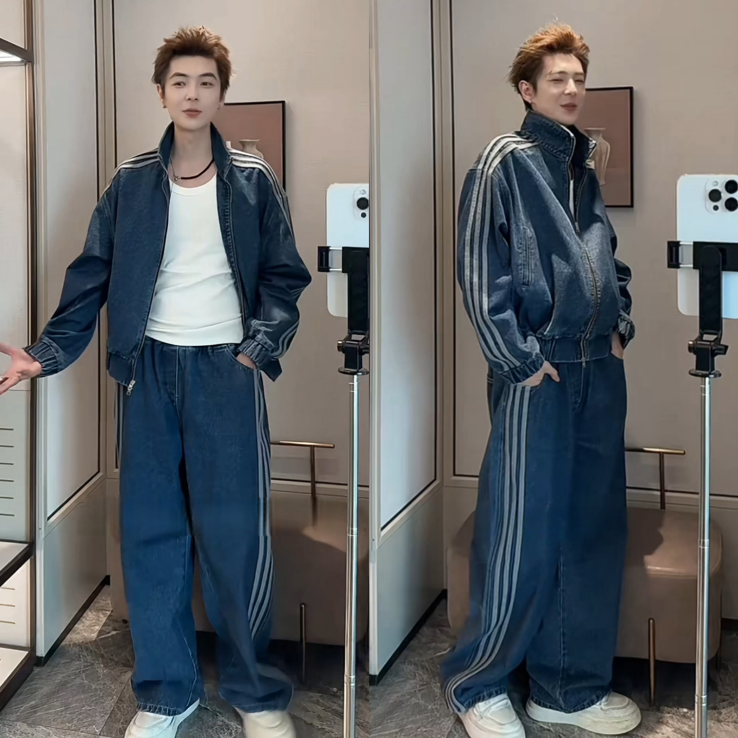 冬季复古运动风牛仔套装男