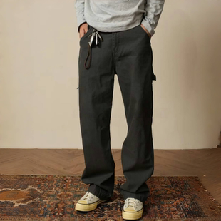 秋季新款男士复古休闲街头裤多口袋设计直筒蓝色法工百搭阔腿长裤