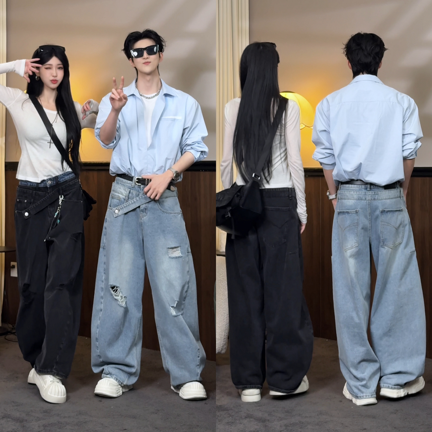 春季韩式帅气高级感垂感阔腿休闲长裤青春活力风破洞直筒牛仔裤男