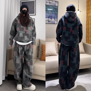 冬季休闲连帽格纹重磅卫衣直筒休闲裤两件套男士时尚运动保暖套装