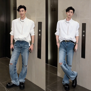 主播同款美式水洗破洞牛仔裤男款夏季薄款男士潮流休闲长裤男女款