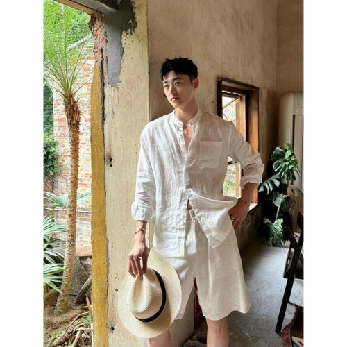 夏季男士新贵休闲老钱风长袖衬衫