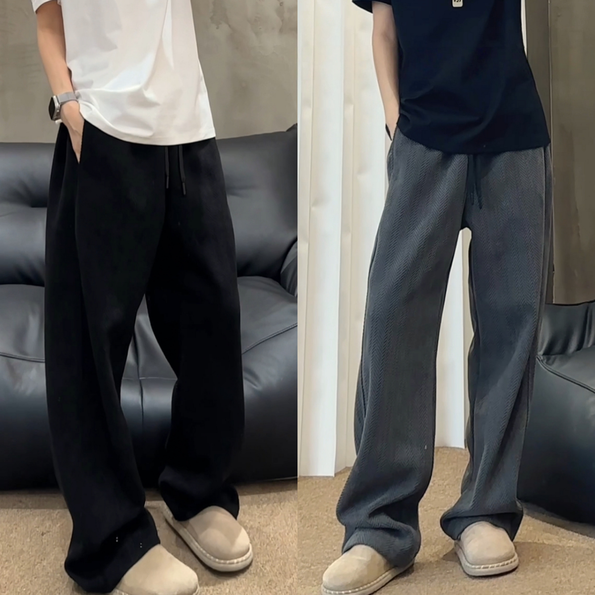 秋季美式休闲裤男斑马纹肌理直筒裤舒适百搭弯刀阔腿裤卫裤男女款