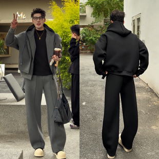 冬季新品重磅美式休闲运动套装秋冬男简约连帽外套直筒卫裤两件套