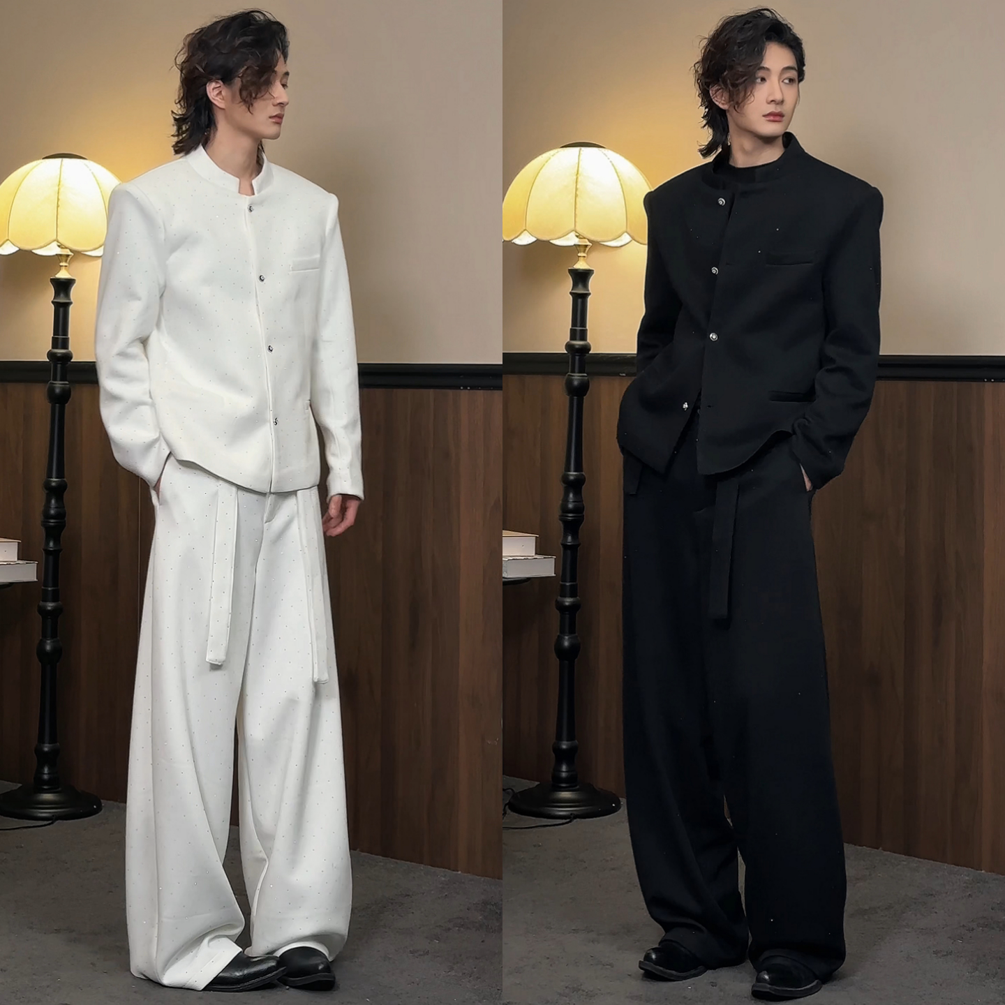 春季男士立领西装外套直筒休闲裤两件套百搭设计师小众款潮流套装