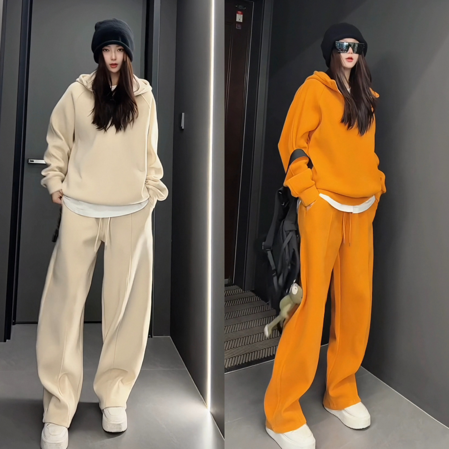 冬季新款简约休闲套装百搭纯色连帽半拉链卫衣卫裤两件套男女同款