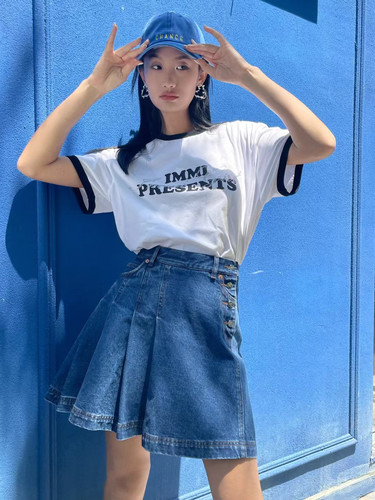 CHIC半身裙女夏季a字牛仔裙高腰百褶裙薄款小个子短裙显瘦伞裙