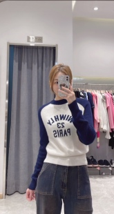 WIWH小众设计师品牌羊绒圆领撞色字母印花长袖 套头百搭毛衣