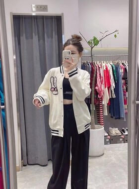 2023秋新款ansnono漫画家棒球服夹克白色兔子手工编织女外套潮