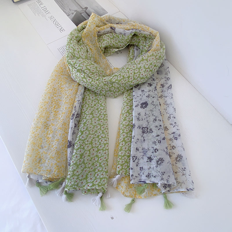 新款柔软巴厘纱棉麻手感围巾小清新拼色碎花流苏旅游防晒披肩丝巾