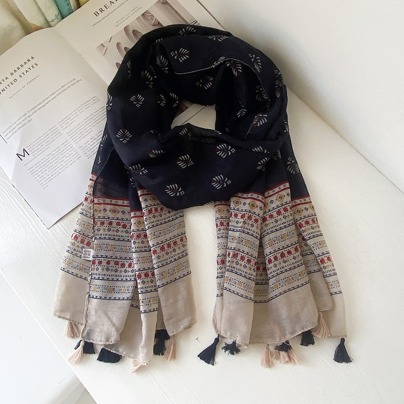 2021新款拼色印花棉麻手感围巾日系韩版旅游装饰丝巾防晒披肩女