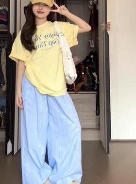 美式复古奶黄色短袖t恤女夏季小众字母潮牌宽松oversize半袖上衣