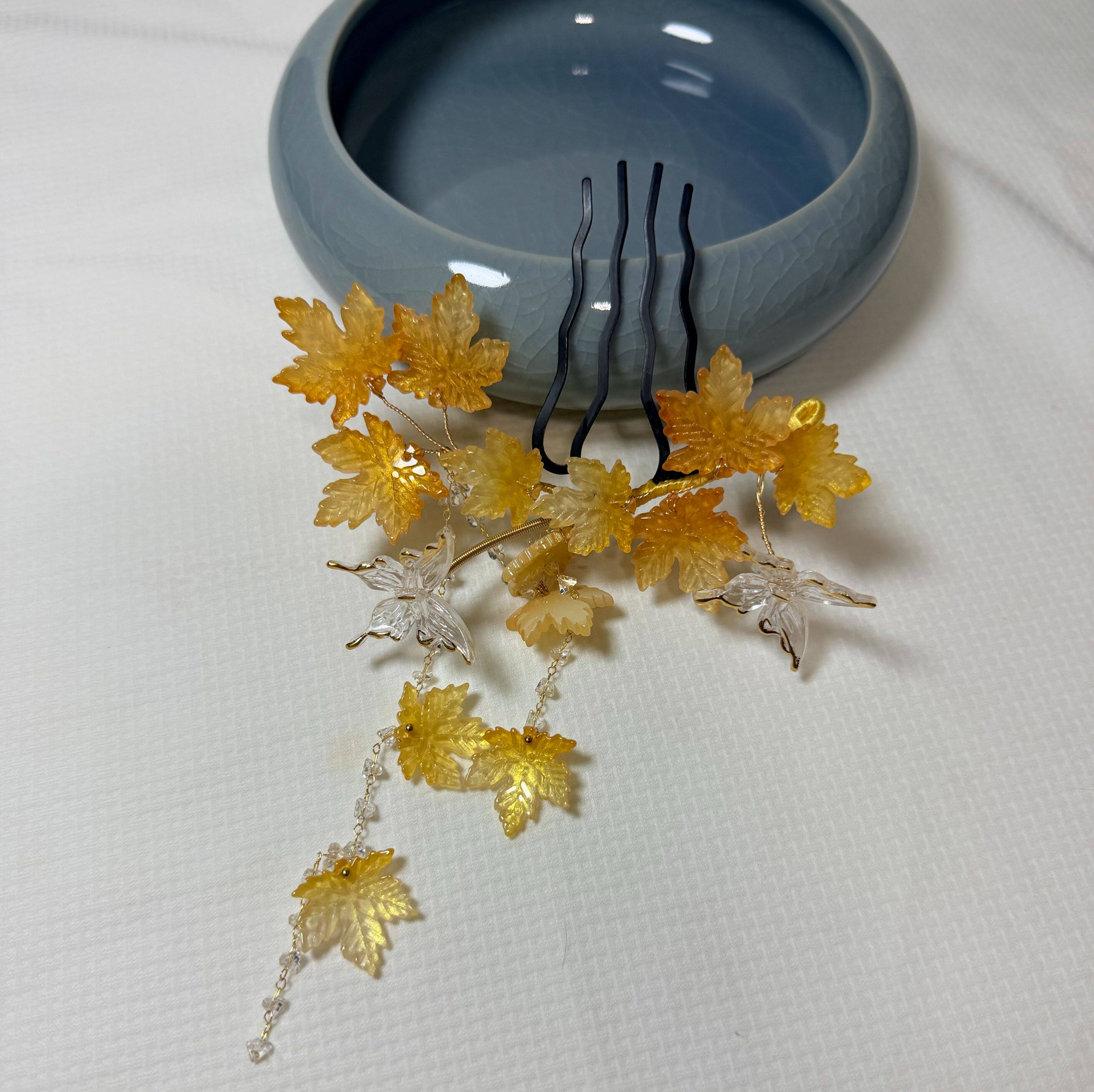 子规 原创手作黄色枫叶发梳流苏发饰古装梳边头饰古风