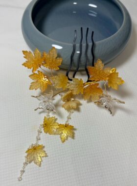 子规 原创手作黄色枫叶发梳流苏发饰古装梳边头饰古风