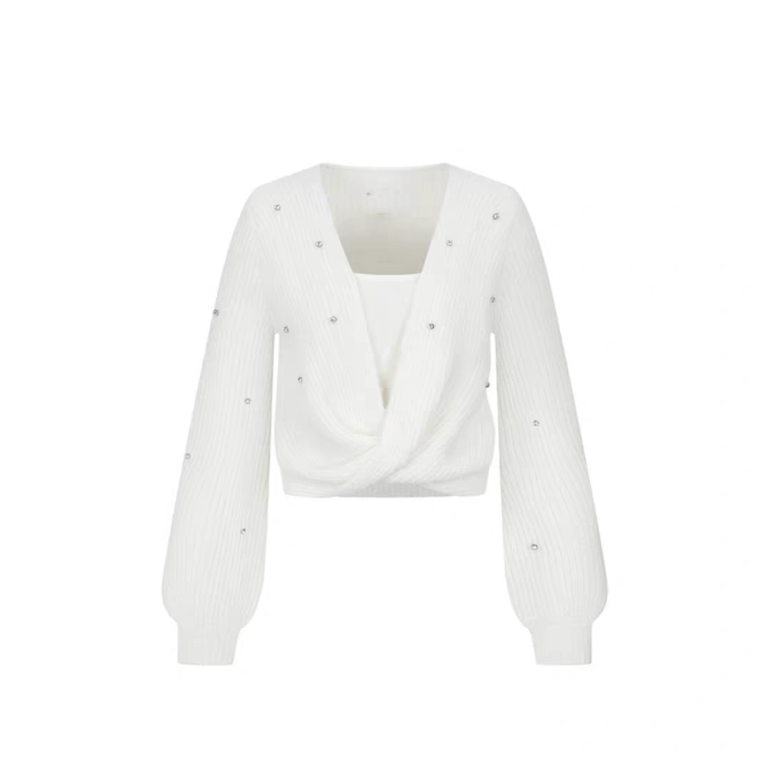 2025秋季新款女装简约格雷系钉珠装饰扭结针织衫毛衣950218