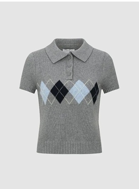 2025秋季新款女装休闲学院风菱格短袖针织衫UYY950063#