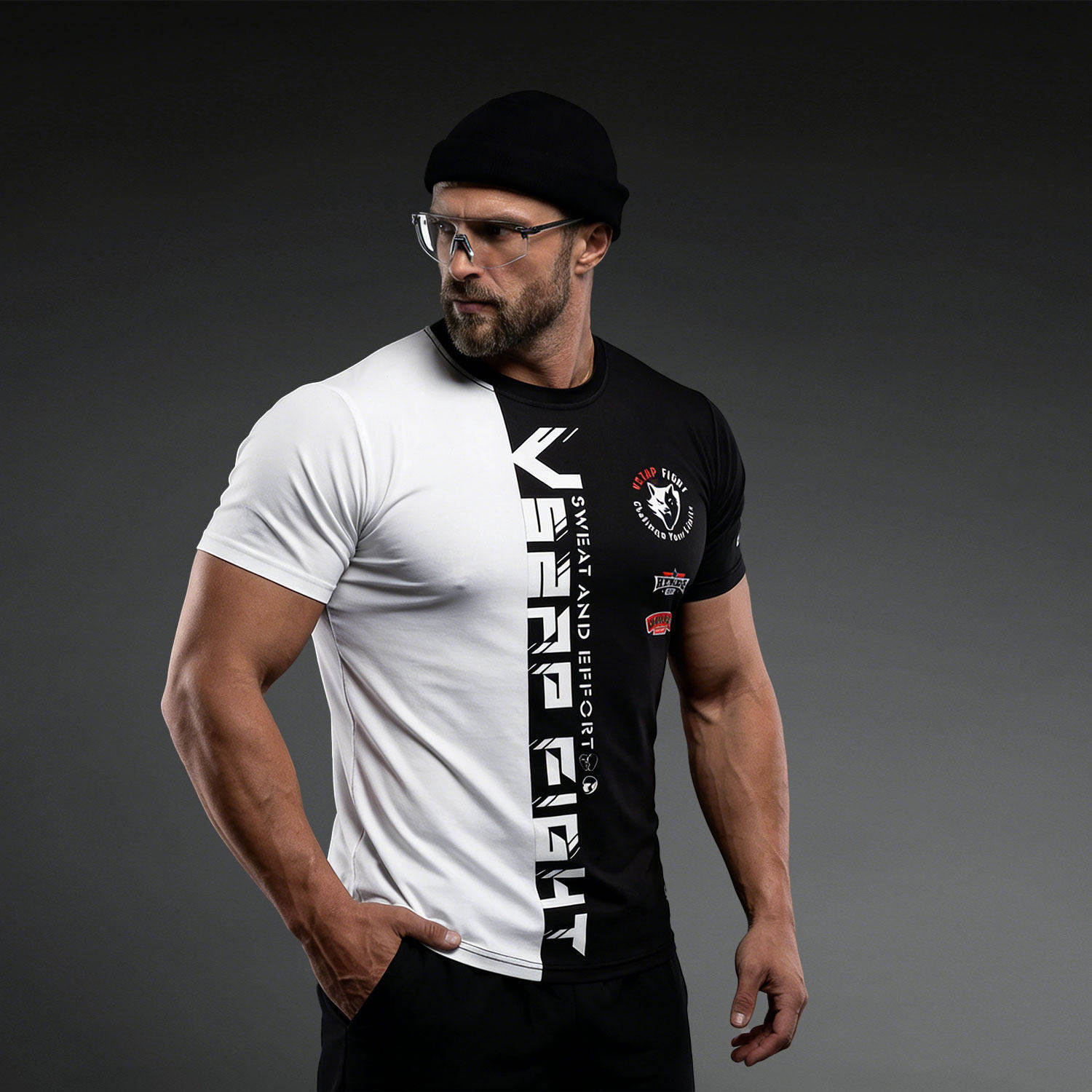 VSZAP简约运动风男士短袖T恤黑白拼色印花紧身速干衣健身训练服