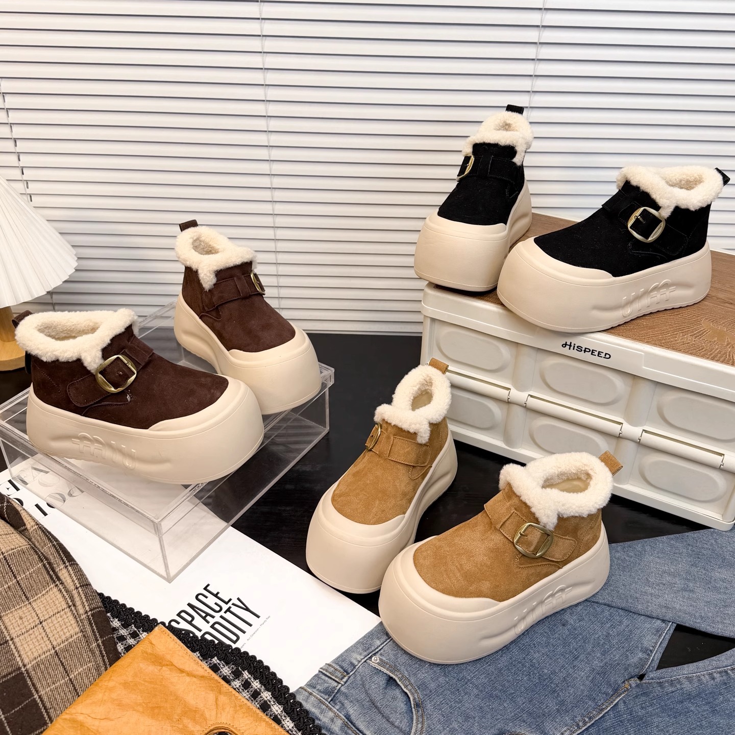 日本OFFCAT网红磨砂皮魔术贴毛毛短靴女松糕厚底勃肯鞋冬季保暖潮