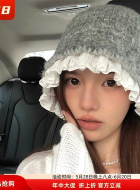 日本offcat onespo蕾丝花边针织渔夫帽子保暖百搭显脸小毛线盆帽