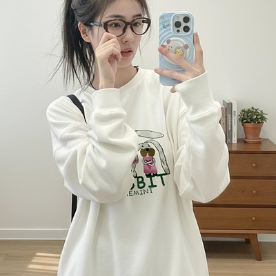 日本OFFCAT白鹿同款2025新秋冬季白色印花卫衣女宽松显瘦百搭上衣