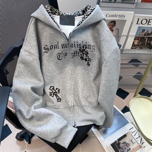 日本OFFCAT美式复古豹纹拼接连帽开衫卫衣女秋冬辣妹高级感重磅短