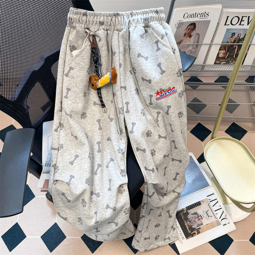 日本OFFCAT灰色复古美式hiphop狗爪卫裤女秋季慵懒风宽松休闲直筒