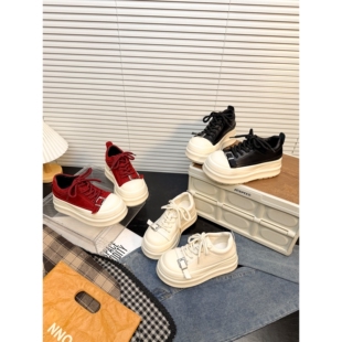 日本OFFCAT真皮休闲大头丑萌面包鞋女增高配阔腿裤厚底松糕小白鞋