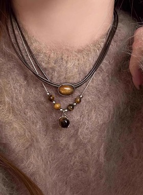 皮革虎眼石项链女复古气质毛衣链轻奢小众叠戴中式锁骨链卫衣配饰