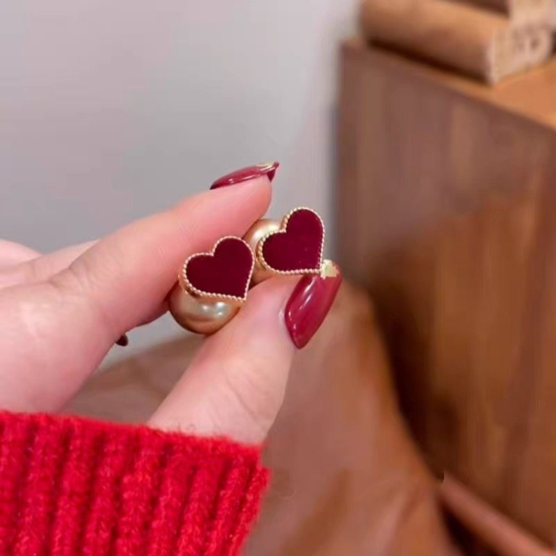 红色爱心后挂珍珠耳环小众高级
