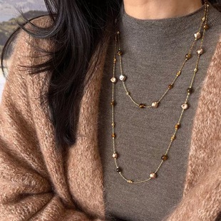 琥珀流光！双层叠戴虎眼石项链女2025新款轻奢小众秋冬长款毛衣链