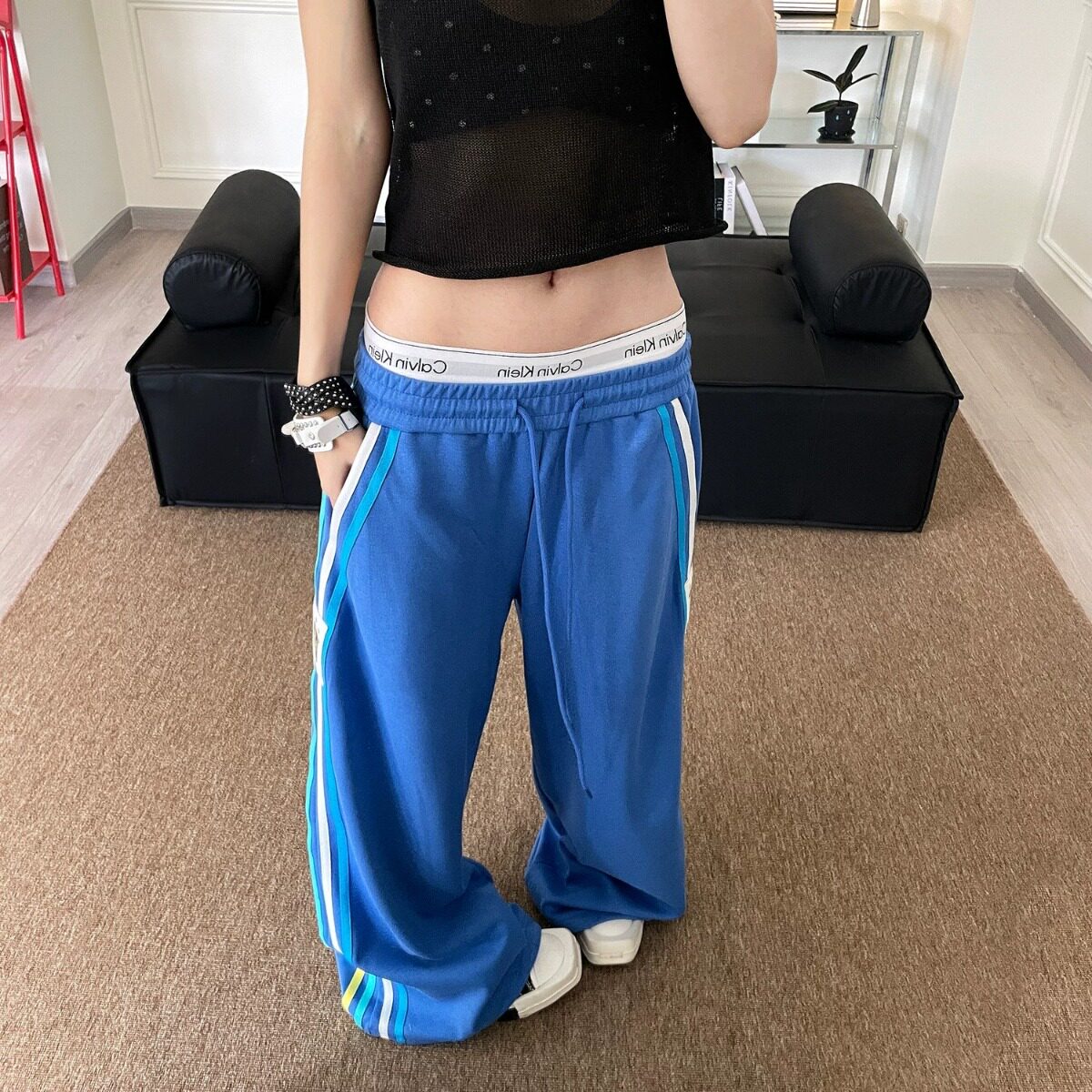 美式复古运动风条纹阔腿裤男女宽松baggy卫裤花灰色直筒休闲裤潮