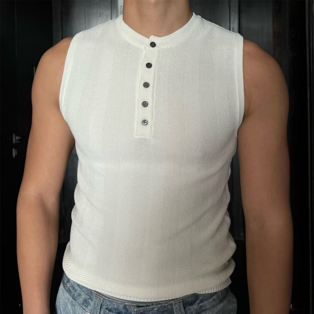 美式半开扣背心肌肉男紧身弹力无袖亨利领t恤健身训练运动坎肩潮