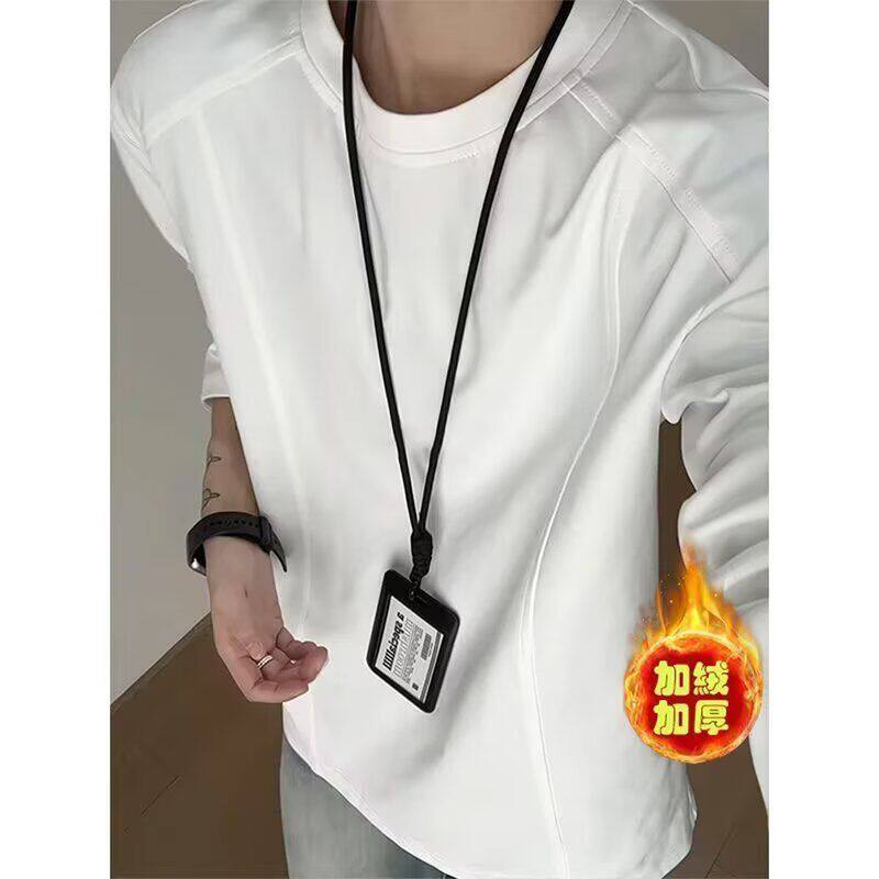 港风加绒白色长袖t恤男秋冬加厚重磅正肩卫衣圆领内搭打底上衣