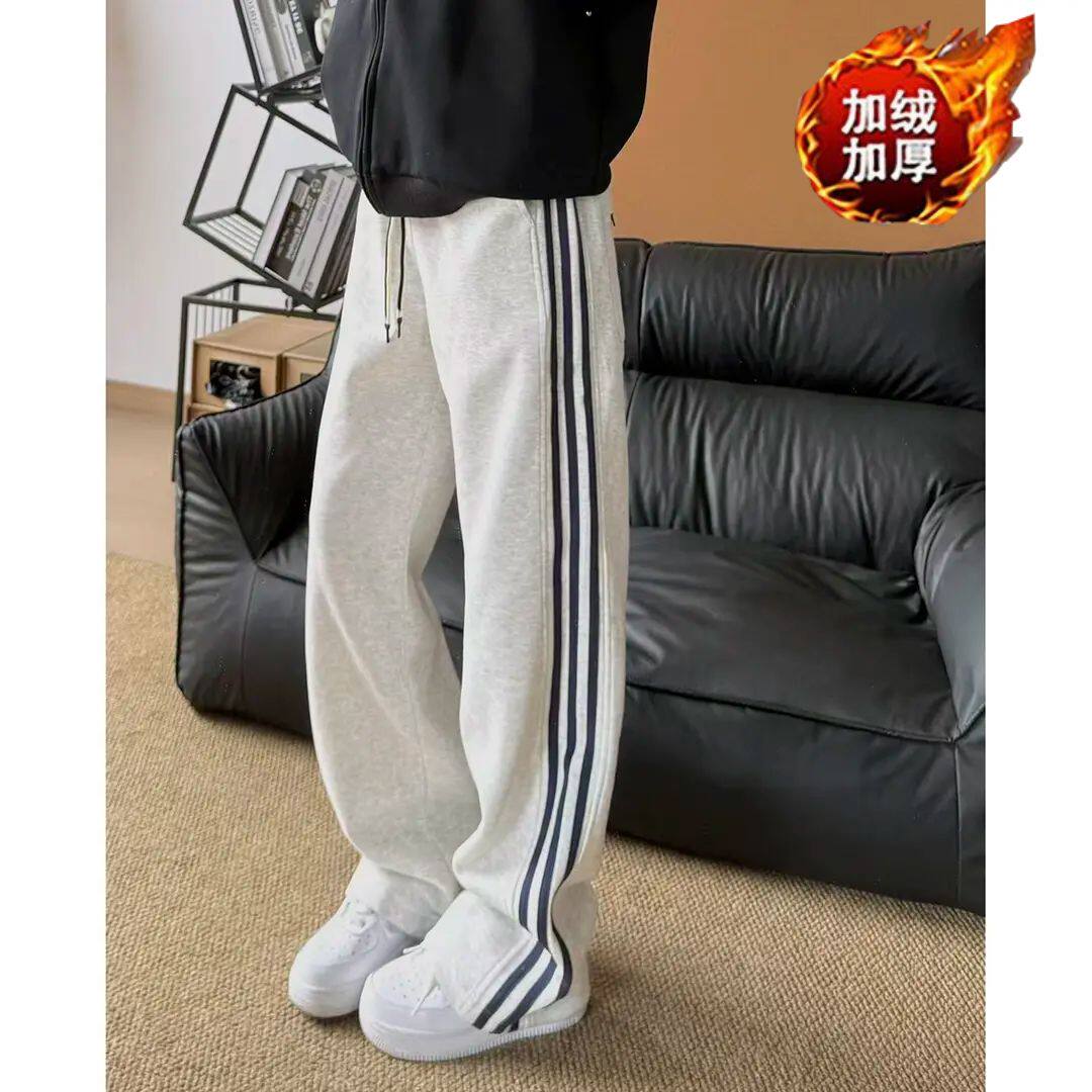 春秋款直筒宽松运动裤女大码胖mm显瘦白灰色卫裤阔腿慵懒休闲裤子