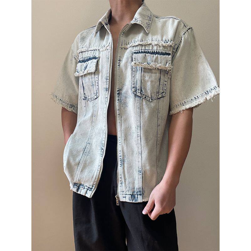 复古翻领做旧牛仔外套女春秋季大码胖MM宽松情侣bf风工装夹克上衣