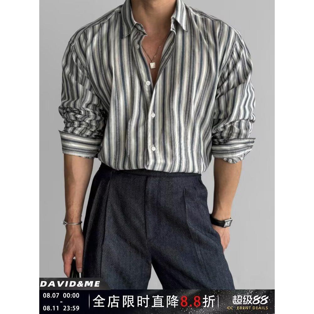 个性袖修身七分发型师男士上衣中袖高档条纹夏季衬衫衬衣轻奢休闲