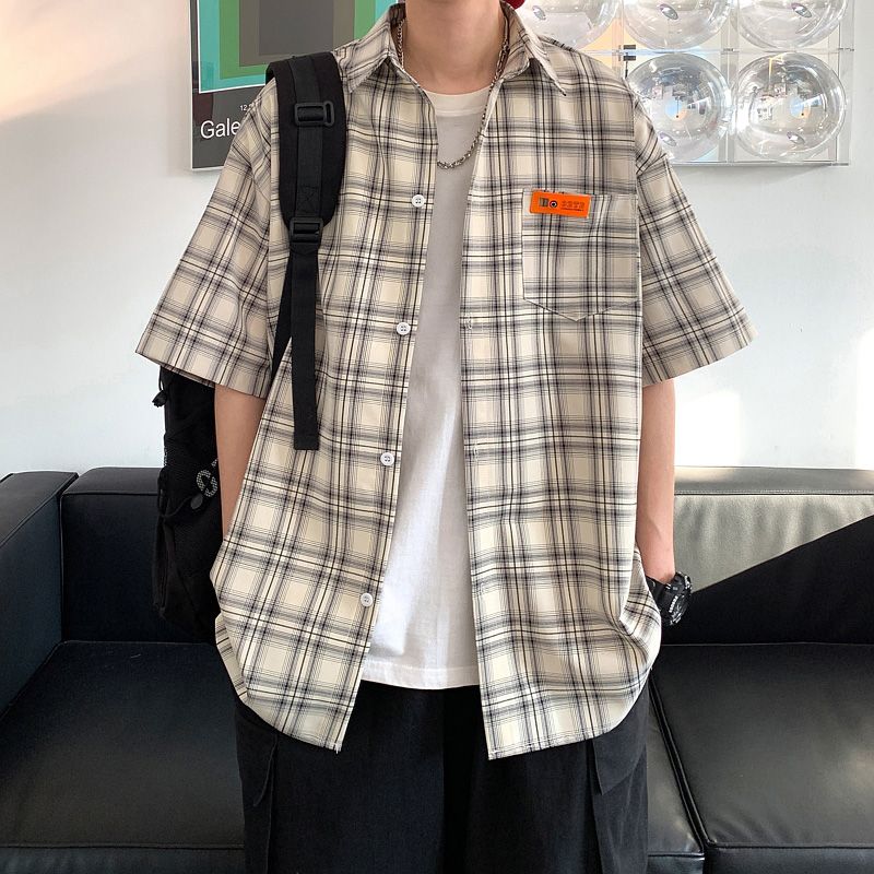 格子日系短袖衬衫男士黄色复古修身气质薄款学院风半袖衬衣国风潮
